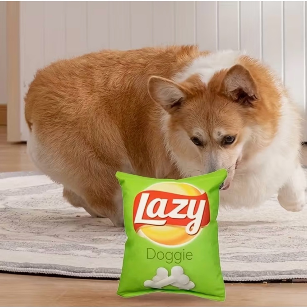 Lazy Doggie Green & Red potato-chip inspired dog toy. Adorable gift. - Picture 2 of 3